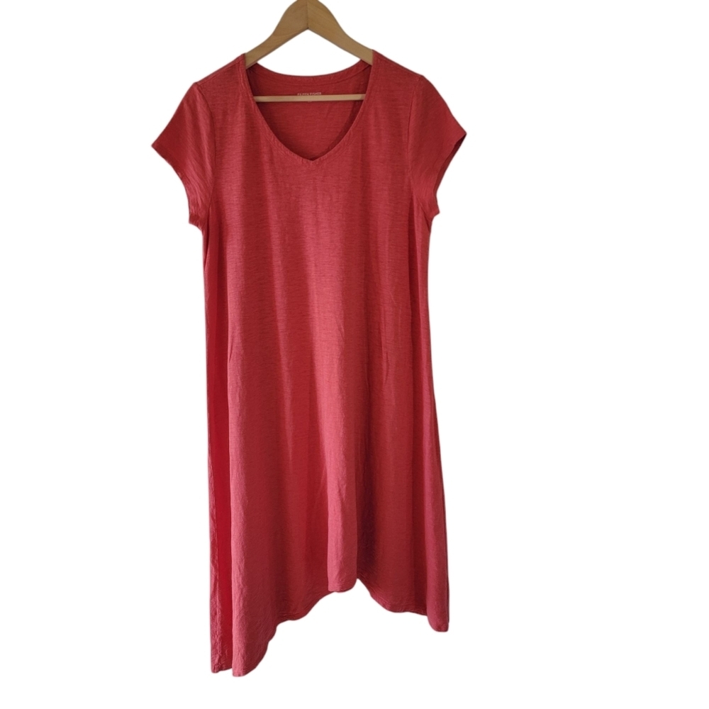 EILEEN FISHER Coral Organic Cotton Midi Dress Sz L Asymmetrical Minimalist - Picture 10 of 10